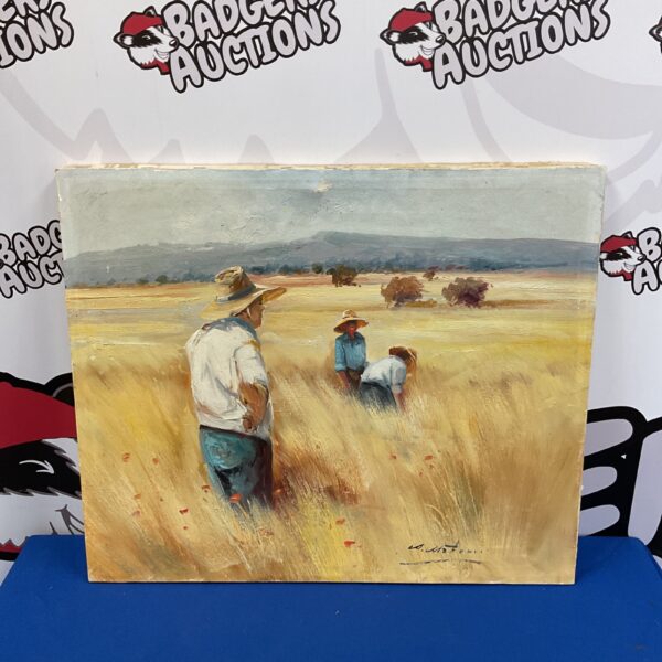 Vintage oil painting of figures in a grassland landscape.
