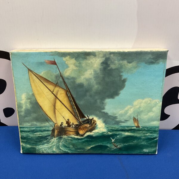 Vintage oil painting of a sailing boat signed "Ring" in rough seas.