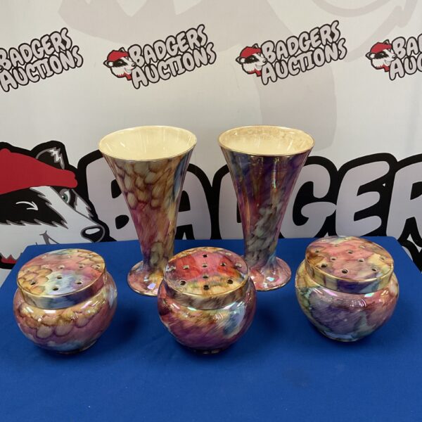 Vintage Old Court Road Ware vases and rose bowls with floral designs.