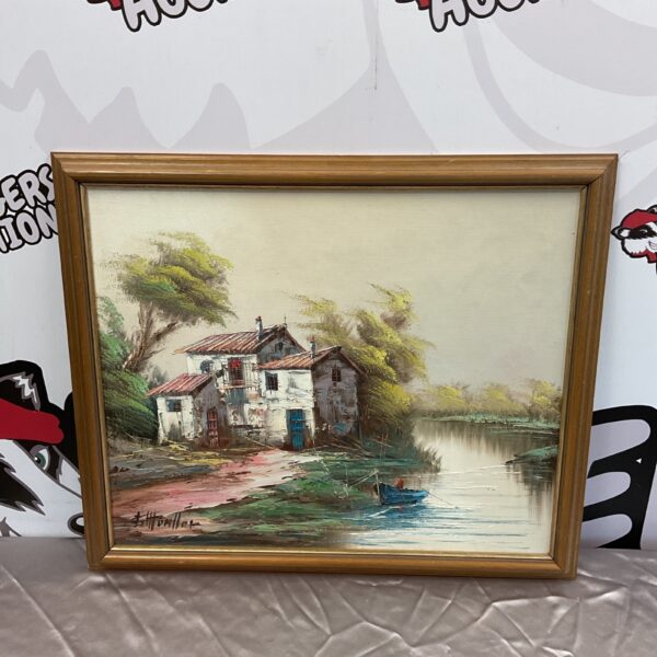 Vintage oriental riverside oil painting signed by the artist.