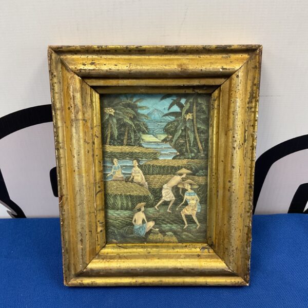 Antique oriental watercolour miniature depicting a farm scene.