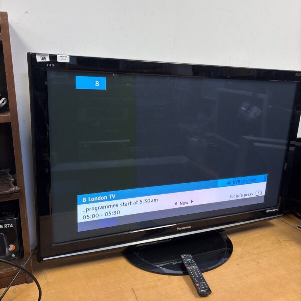 Front view of a black Panasonic Vera 50 inch plasma TV.