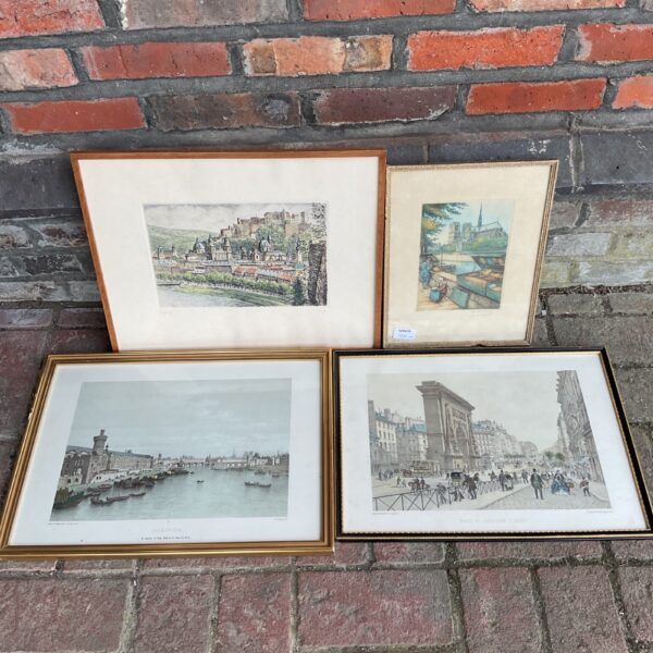 Vintage French print of a bustling Parisian street scene.