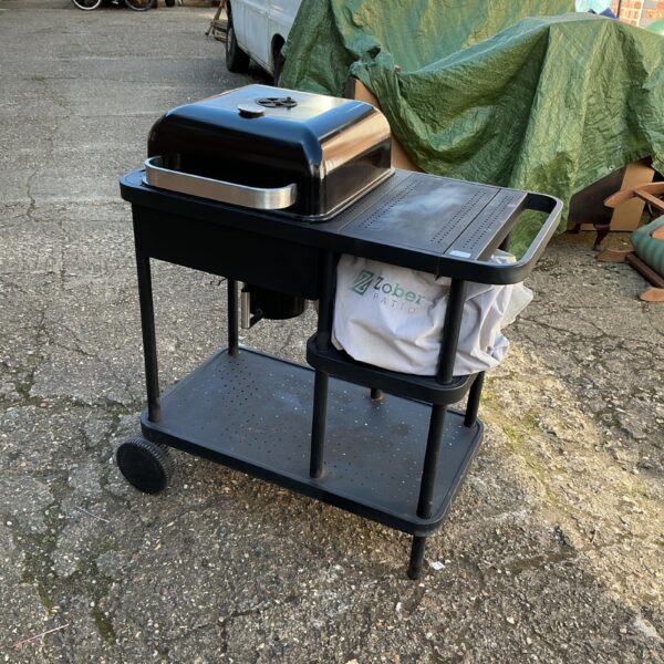 Portable patio barbecue with cover in a garden setting.