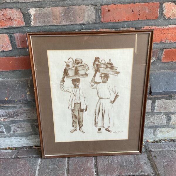 Vintage Patrick Hayes Caribbean print of two figures with jugs.