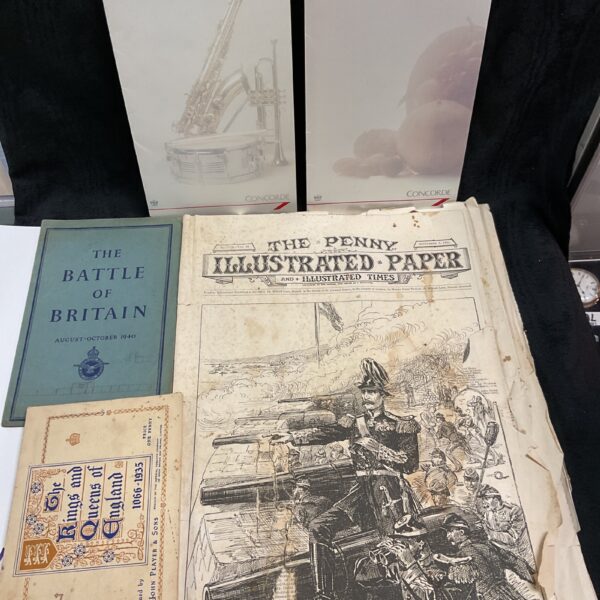 Vintage ephemera collection featuring Penny Illustrated Paper and Concorde menus.