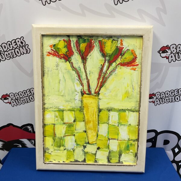 Vibrant floral still life oil painting, "The Yellow Vase" by Penny Rey.