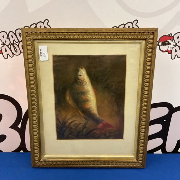 Antique oil painting of a perch fish with a gilt frame.