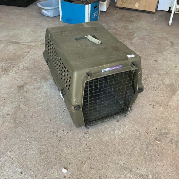 Durable plastic pet carrier for animal transport and travel.