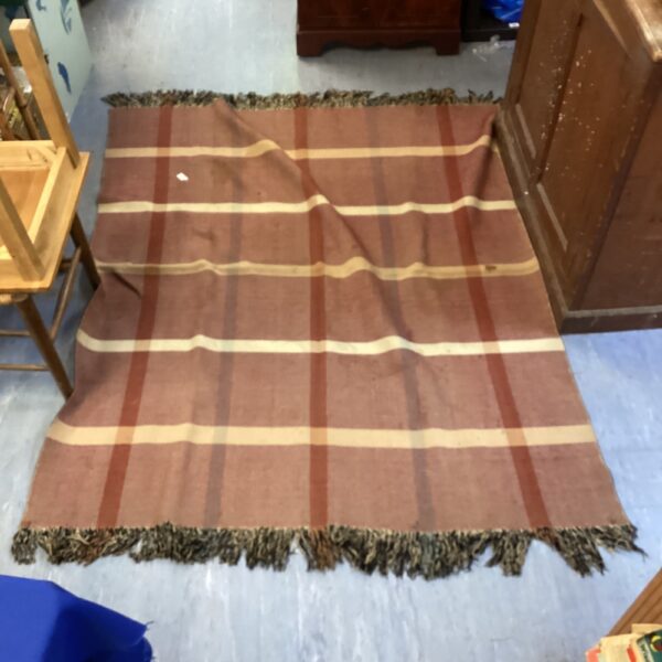 Large woven striped picnic blanket with fringed edges.