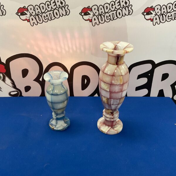 Vintage pink and blue chequered onyx vase for home decor.