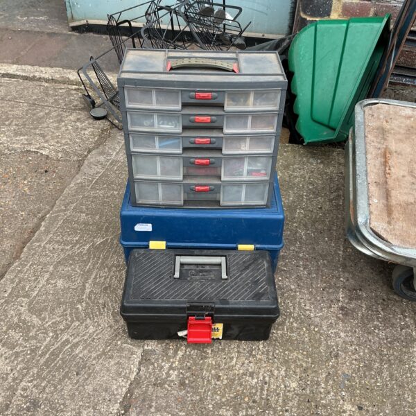 Lot of three plastic tool storage boxes for workshop organisation.