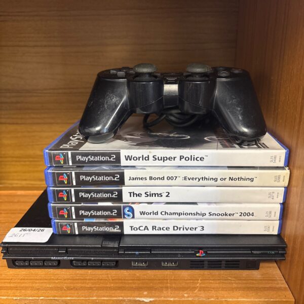 Sony Playstation 2 Slim console with games and controller.