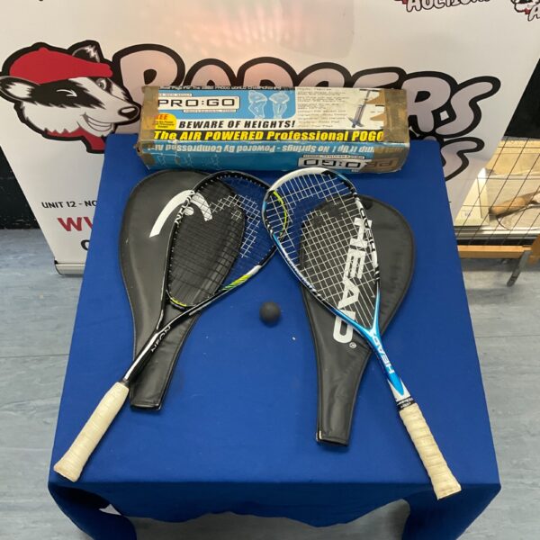 Pogo stick and squash racquets bundle for sports and recreation.
