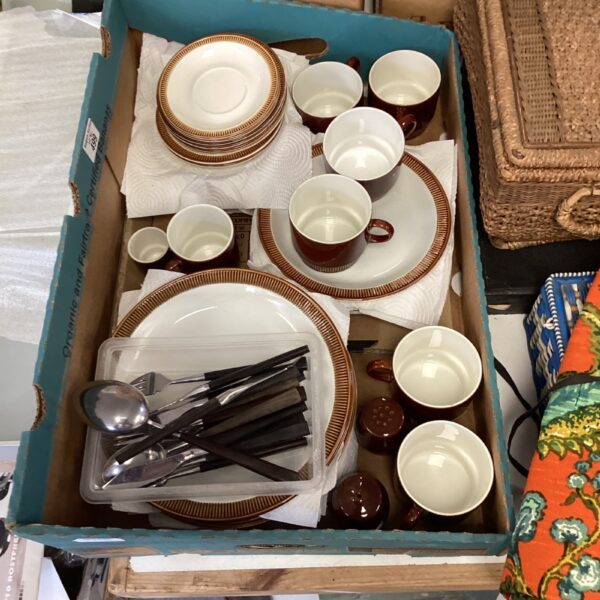 Vintage Poole Pottery dinner service set with speckled glaze.
