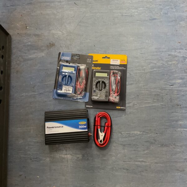 Powersource inverter and Draper/Rolson multimeters for automotive electrical work.