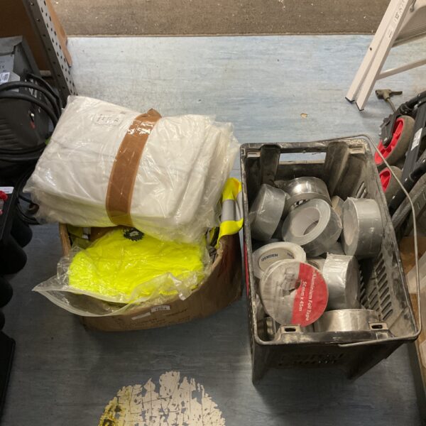 Bundle of protective clothing and Idenden aluminium foil tape rolls.