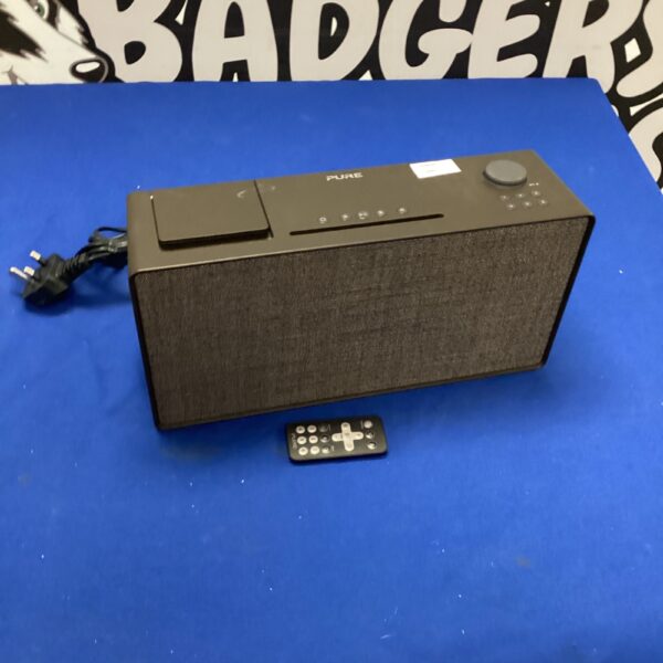 Front view of a black Pure Evoke home speaker with a display.