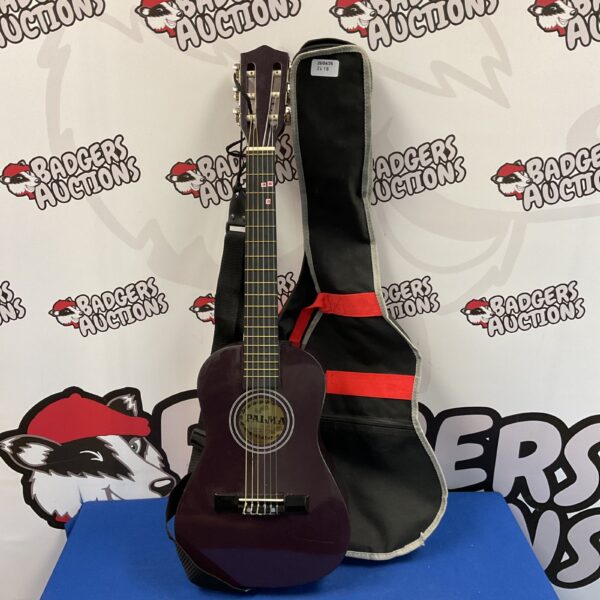 Purple palma child's acoustic guitar with case, vintage instrument.