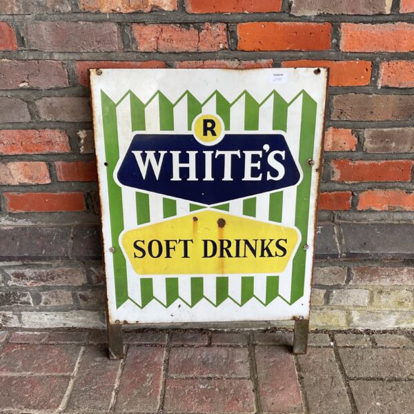 Vintage R Whites enamel advertising sign, classic British soft drink branding.