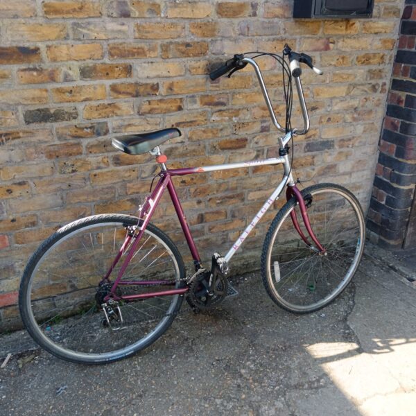 Purple Raleigh Spirit bicycle with chopper handlebars.