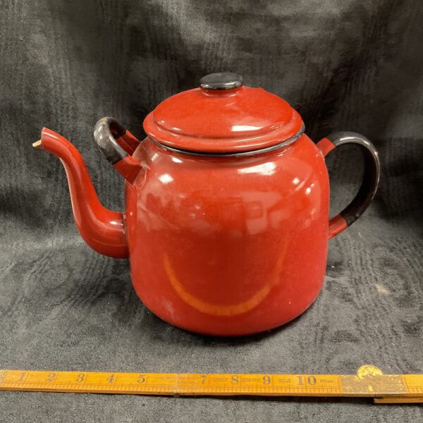 Large red enamel teapot, vintage kitchenalia, collectible item.
