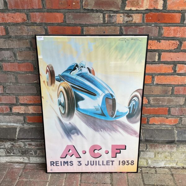 Vintage Reims Grand Prix poster featuring a classic racing car.