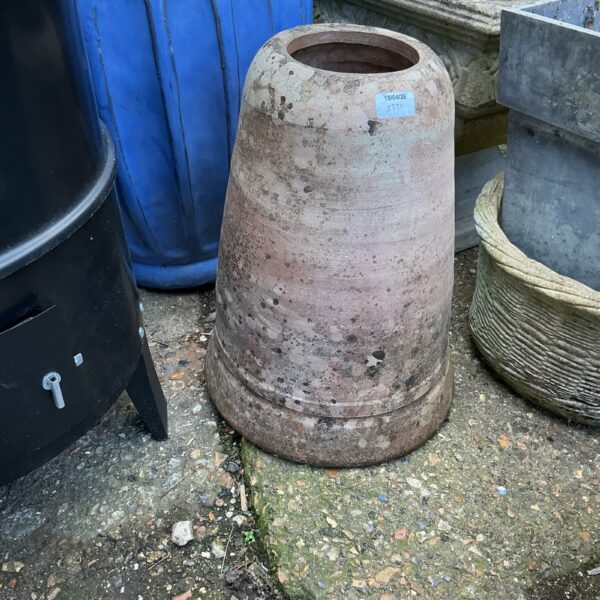 Vintage terracotta rhubarb cowl in a garden setting.