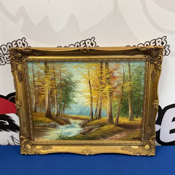 Signed river woodland oil painting, vintage landscape art scene.