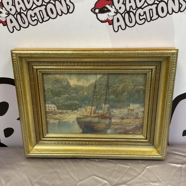 Robert R Lewis watercolour painting of a Cornish harbour scene.
