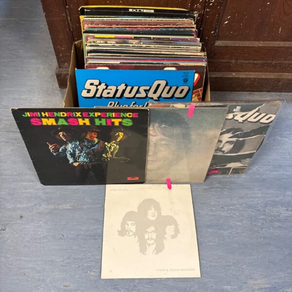 Collection of vintage rock vinyl LPs including Hendrix and Status Quo.