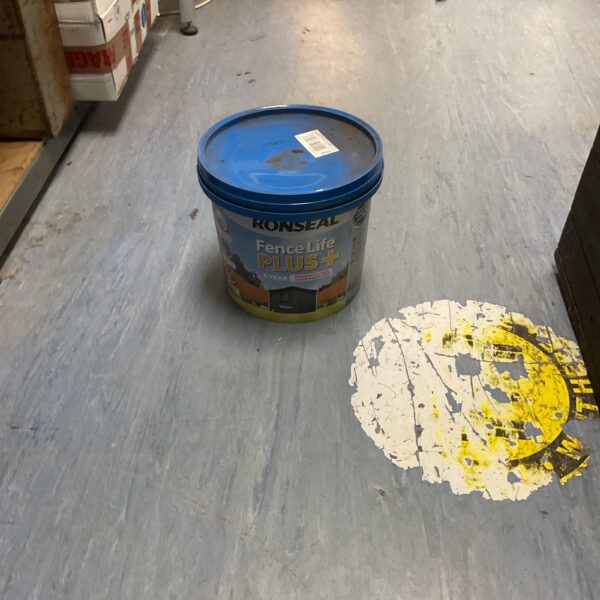 Ronseal Fence Life Plus+ paint bucket for garden wood treatment.