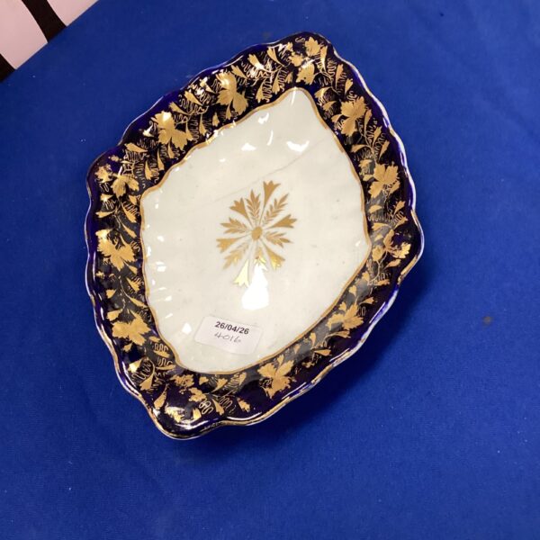 Antique Royal Crown Derby dish with blue and gilt decoration.