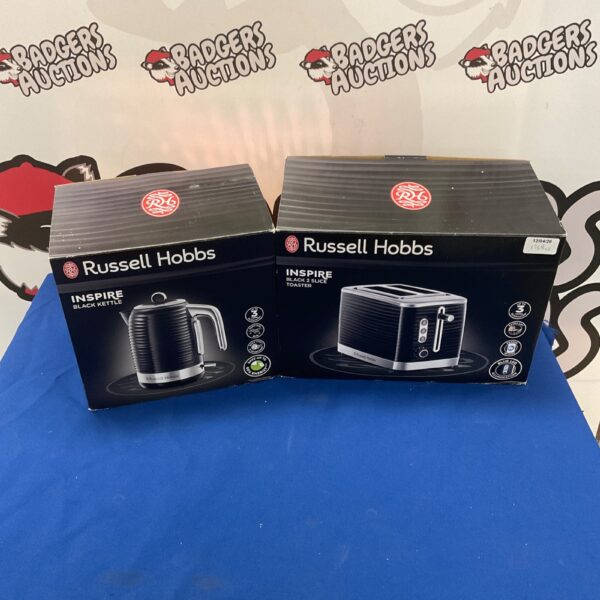 Black Russell Hobbs Inspire kettle and toaster set on display.