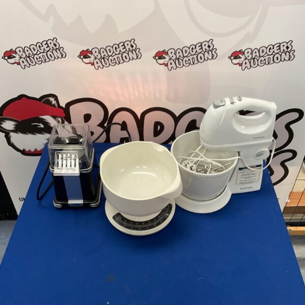 Russell Hobbs mixer with Hanson scales and Ambiano popcorn maker.