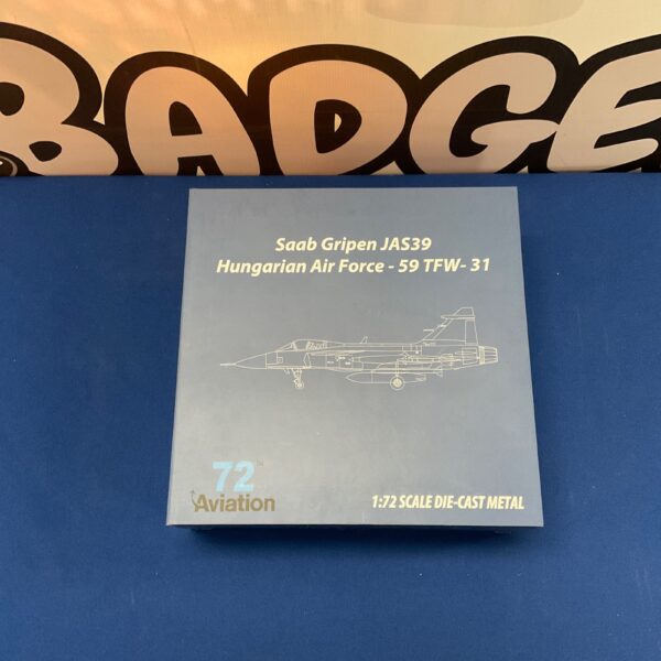 Detailed diecast model of a Saab Gripen JAS39 Hungarian Air Force aircraft.