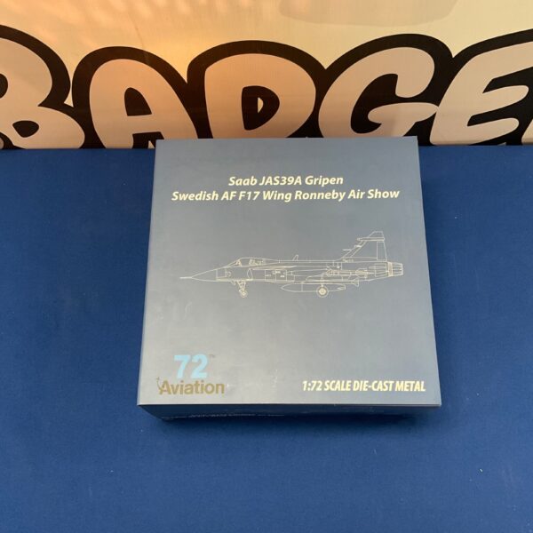 Detailed diecast model of a Saab JAS39A Gripen Swedish Air Force aircraft.