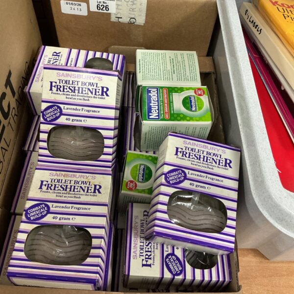 Unopened box of Sainsbury's lavender toilet fresheners for a fresh bathroom.