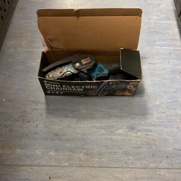 Saker 4-inch cordless electric chainsaw in original packaging.