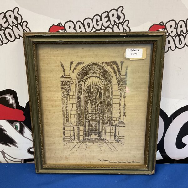 Antique Scottish National War Memorial embroidery, detailed vintage textile art.