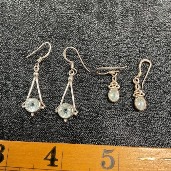 Silver drop earrings with pale blue stones, vintage style.
