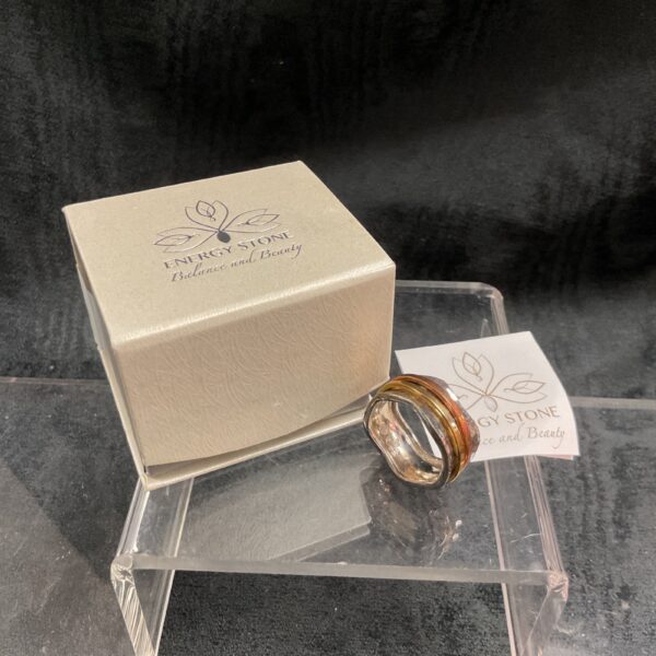 Silver energy stone ring with spinning meditation elements.