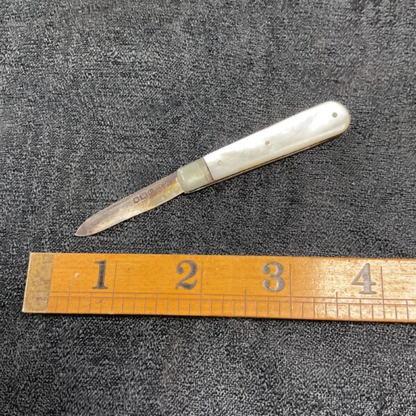 Antique silver fruit knife with iridescent mother of pearl handle.