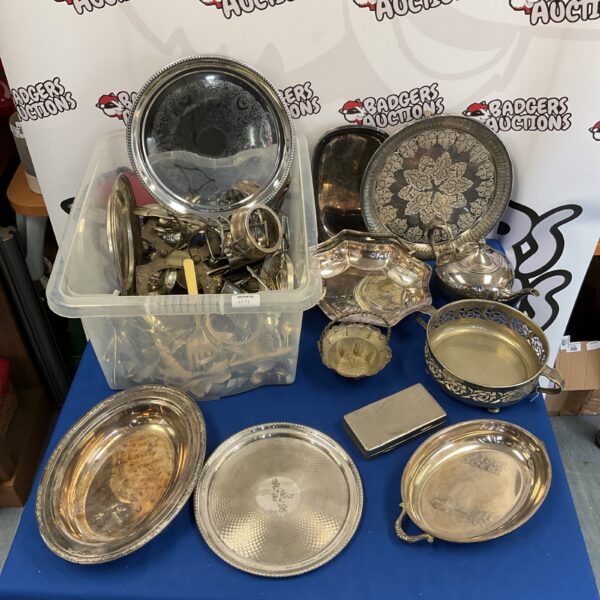 Large lot of antique silver plate trays, bowls, and cutlery.