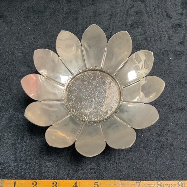 Vintage silver plate water lily bowl with detailed petal design.