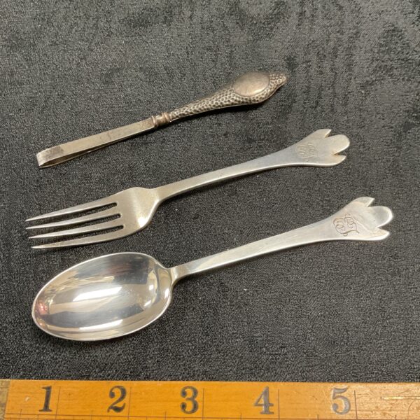 Antique silver trefid rat tail spoon and fork set.