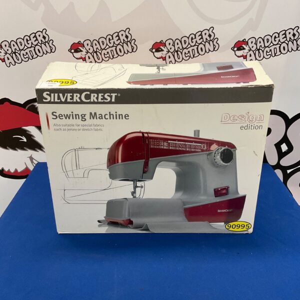 Red and white SilverCrest sewing machine, vintage design edition.