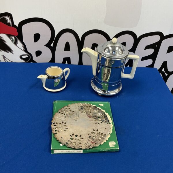 Vintage silverplate coffee set with trivet, Heatermaster style.