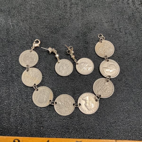 Vintage sixpence coin bracelet and five pence earrings set.