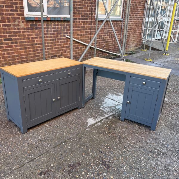 Slate grey sideboard and desk set for kitchen or home office.